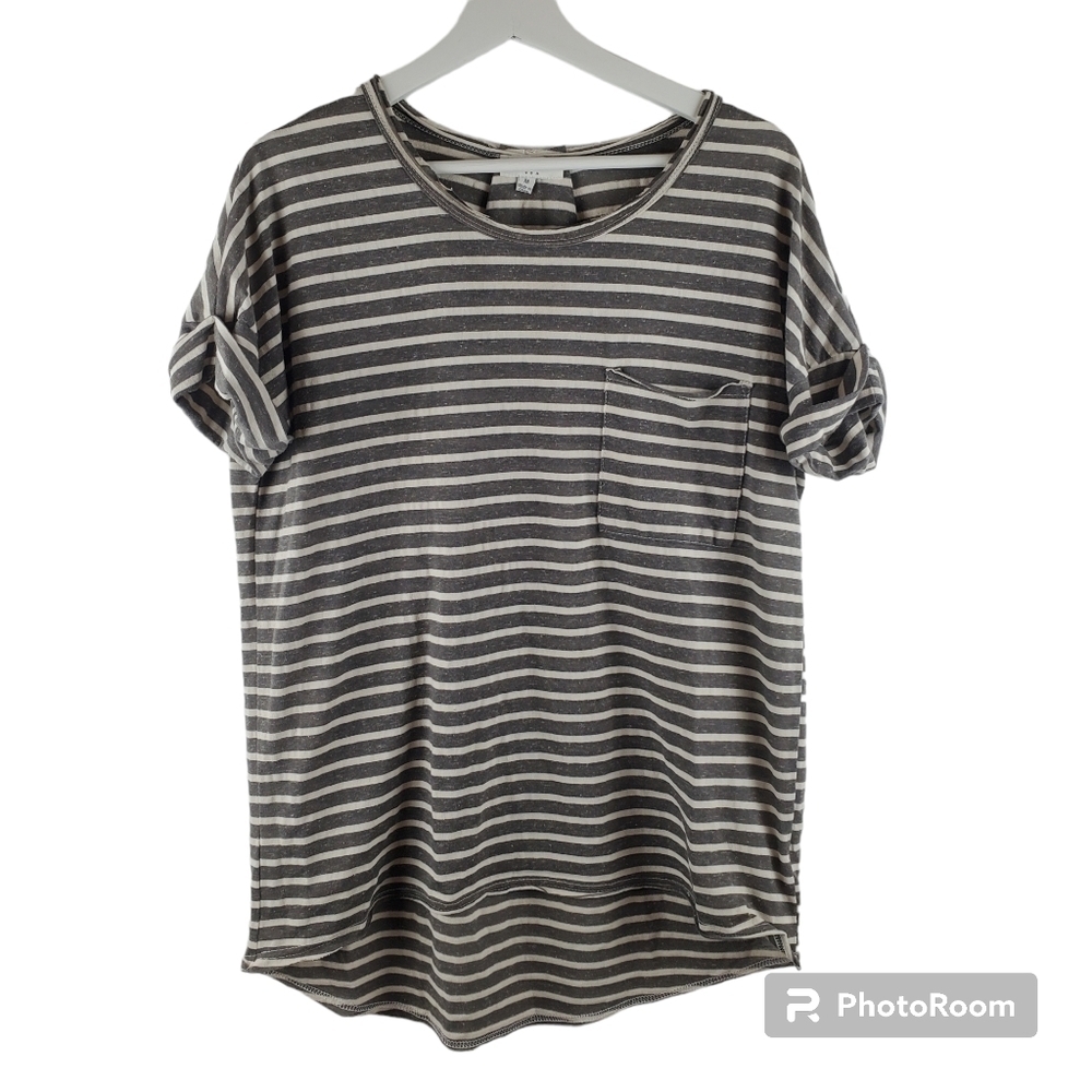 Umgee‎ Tshirt Womens Medium Brown Cream Stripes Slub Cotton Blend Scoop Hem